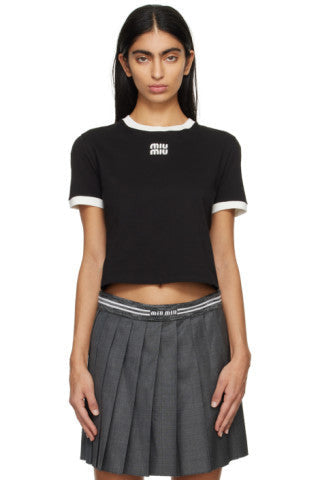 Tricou din jerseu de bumbac cu logo Miu Miu