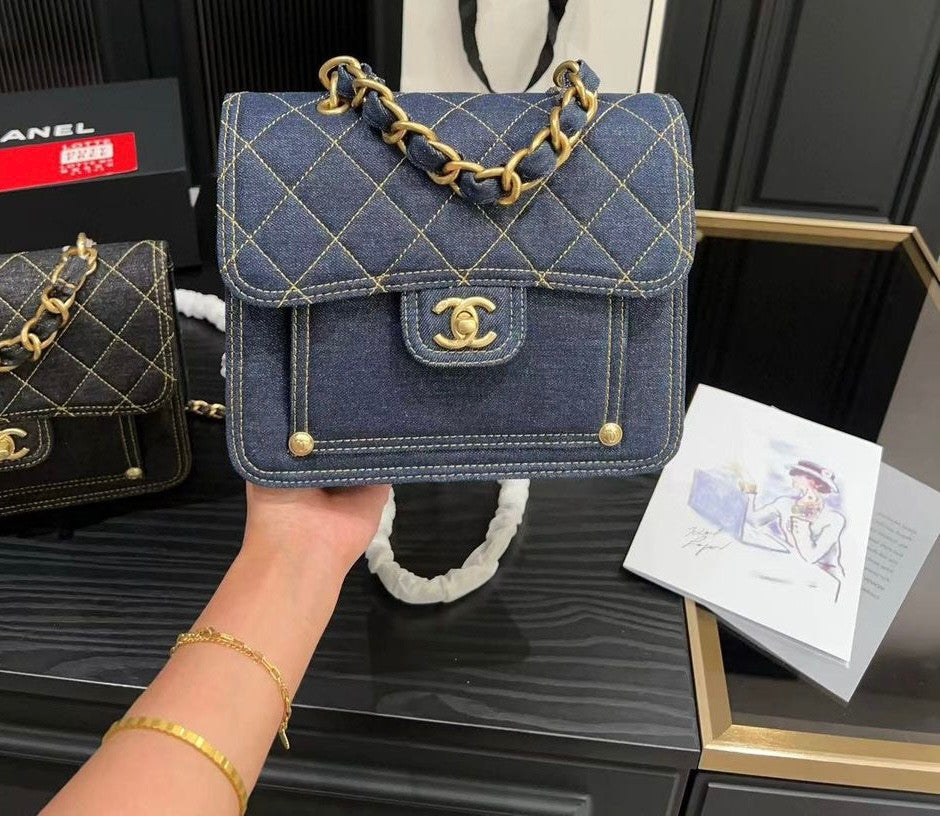 Chanel Quilted Denim Bag Aged Gold Hardware