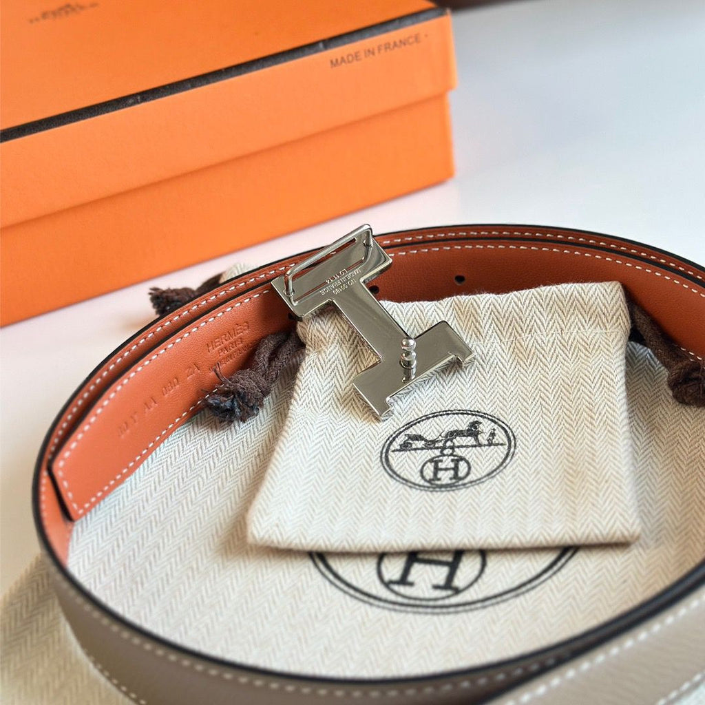 Hermes Mini Constance 24mm Belt in Taupe Epsom Leather and Tan Swift Leather