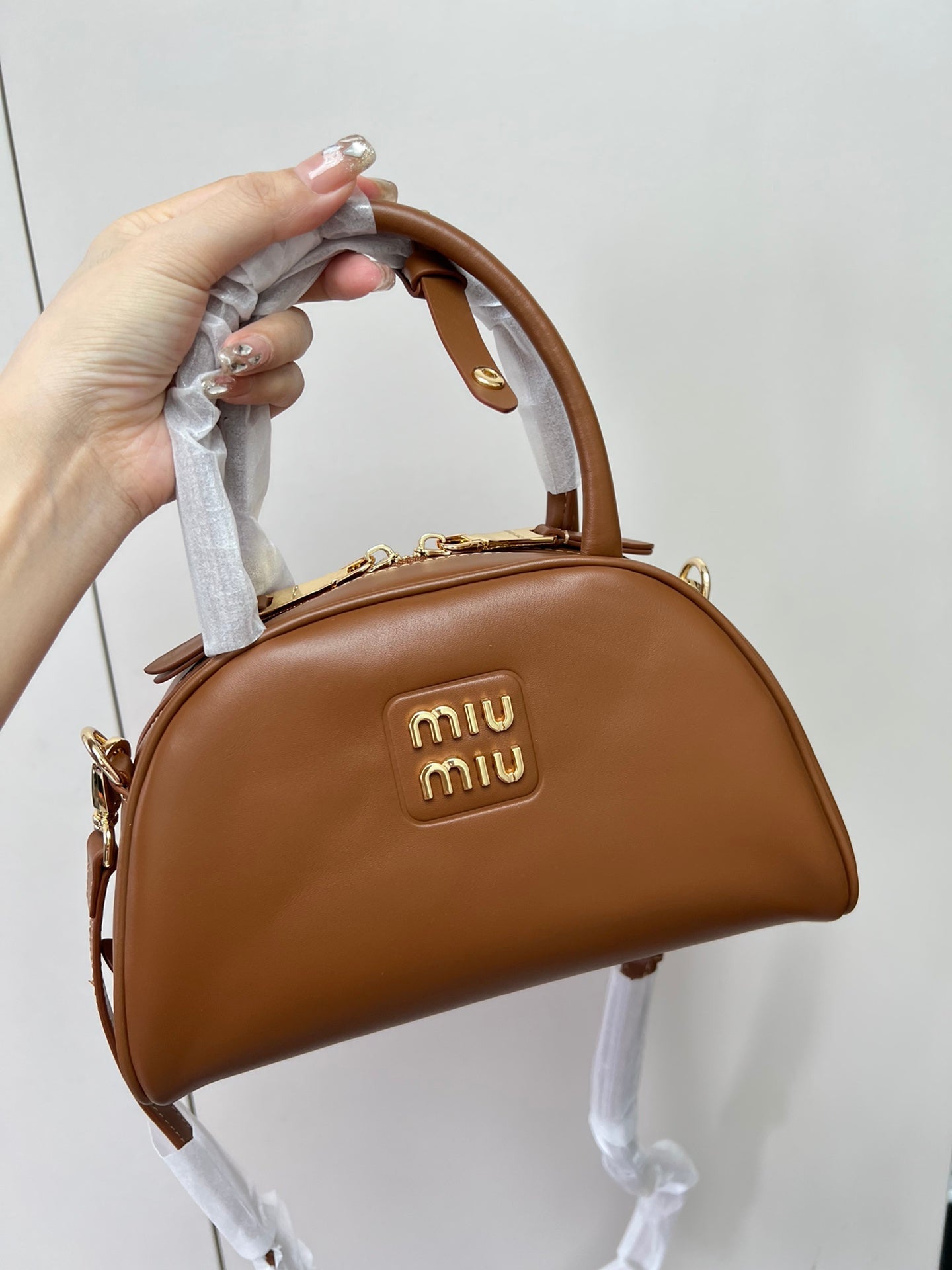 Miu Miu Patent Leather Top Handle Bag Brown