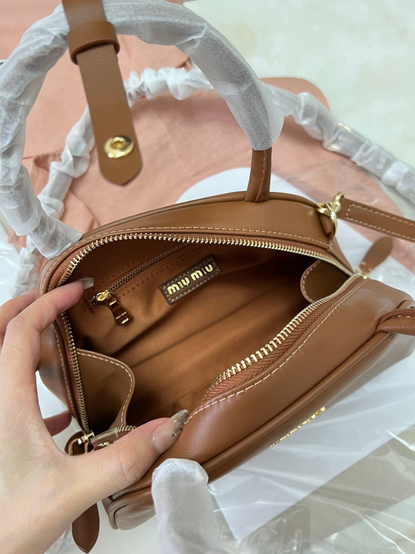 Miu Miu Patent Leather Top Handle Bag Brown