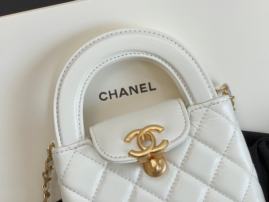 Chanel Small Kelly Shopper White Shiny Aged Calfskin Brushed Gold Hardware