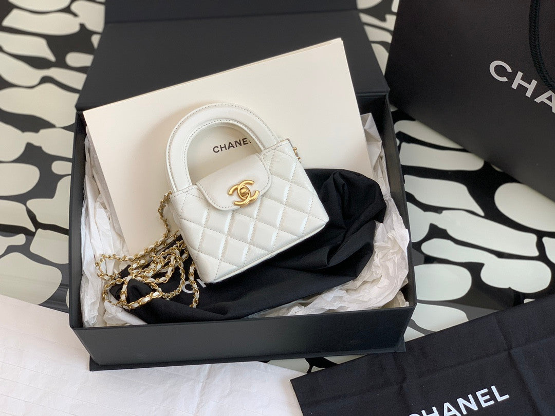 Chanel Small Kelly Shopper White Shiny Aged Calfskin Brushed Gold Hardware