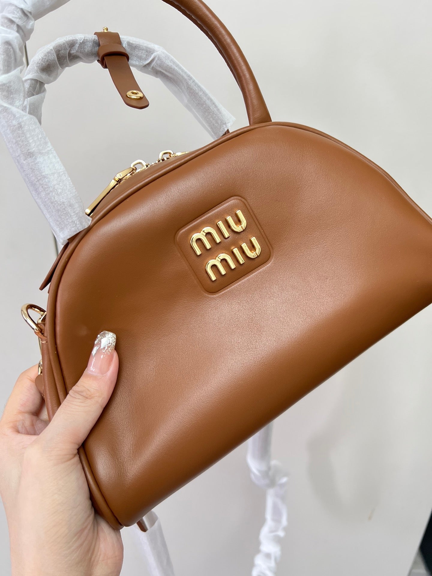 Miu Miu Patent Leather Top Handle Bag Brown
