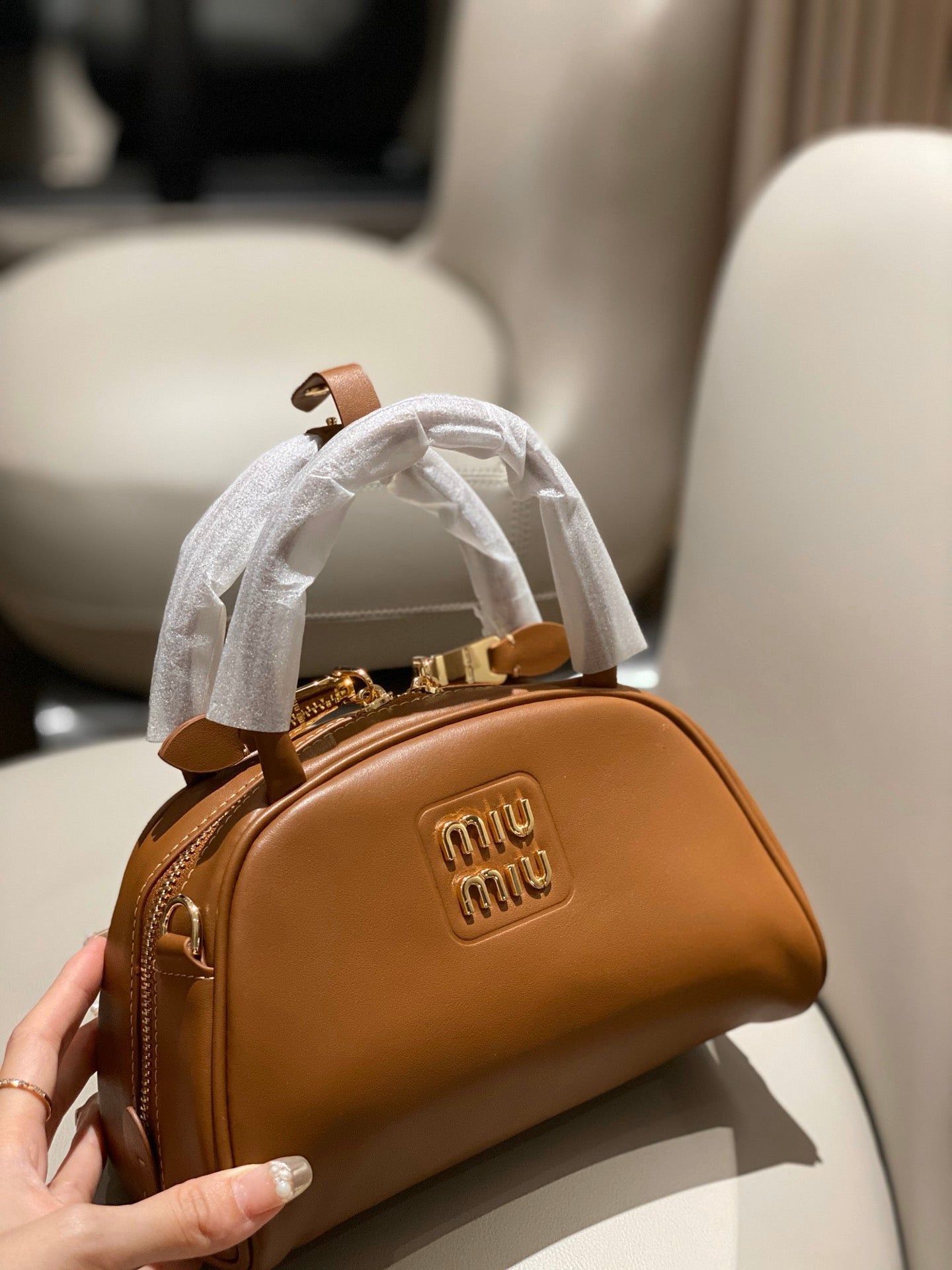 Miu Miu Patent Leather Top Handle Bag Brown