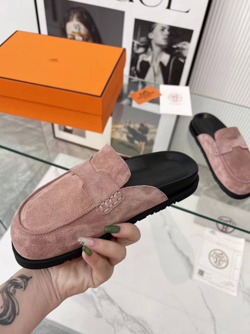 Hermes Mules Plain Suede