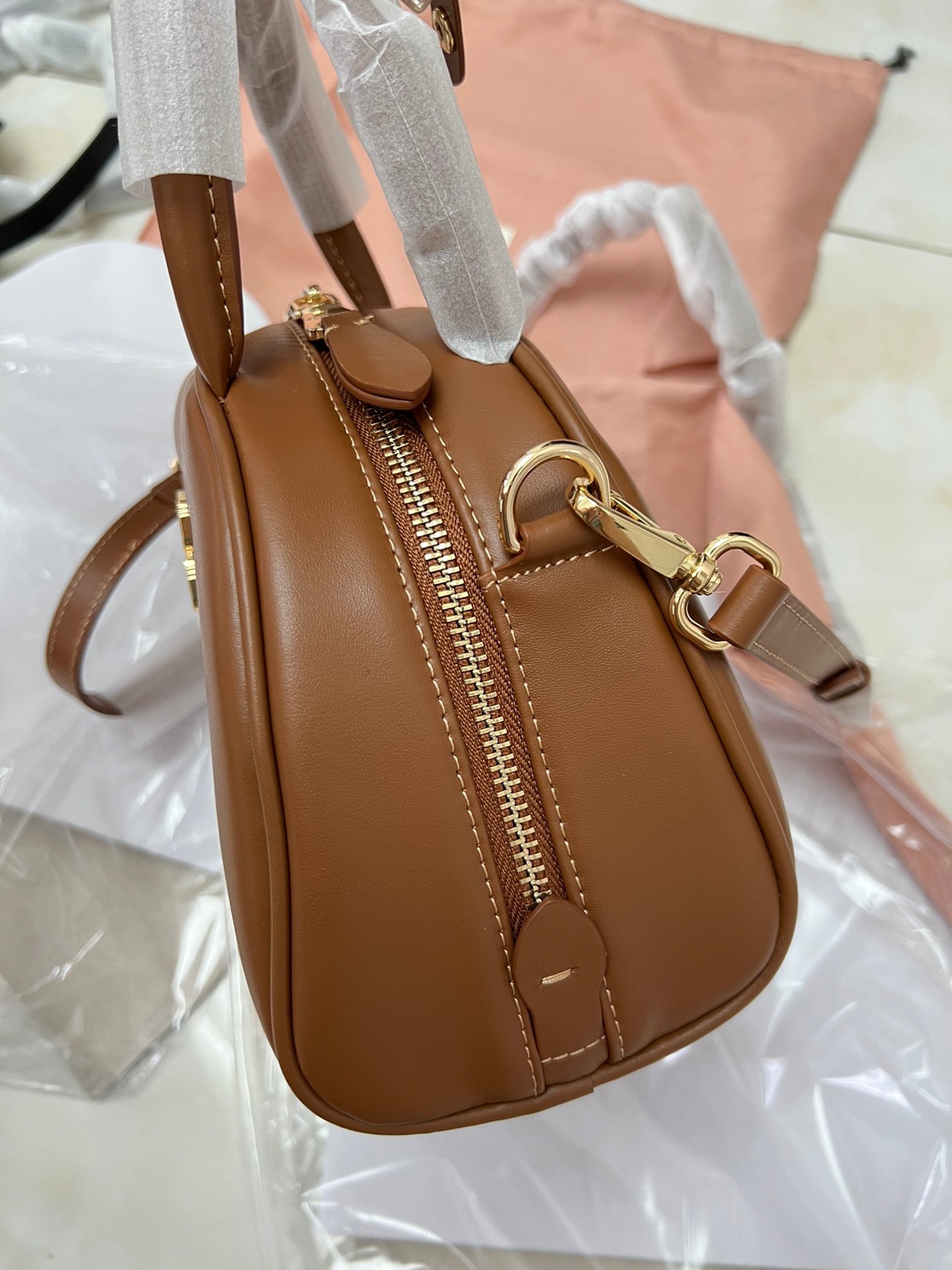 Miu Miu Patent Leather Top Handle Bag Brown