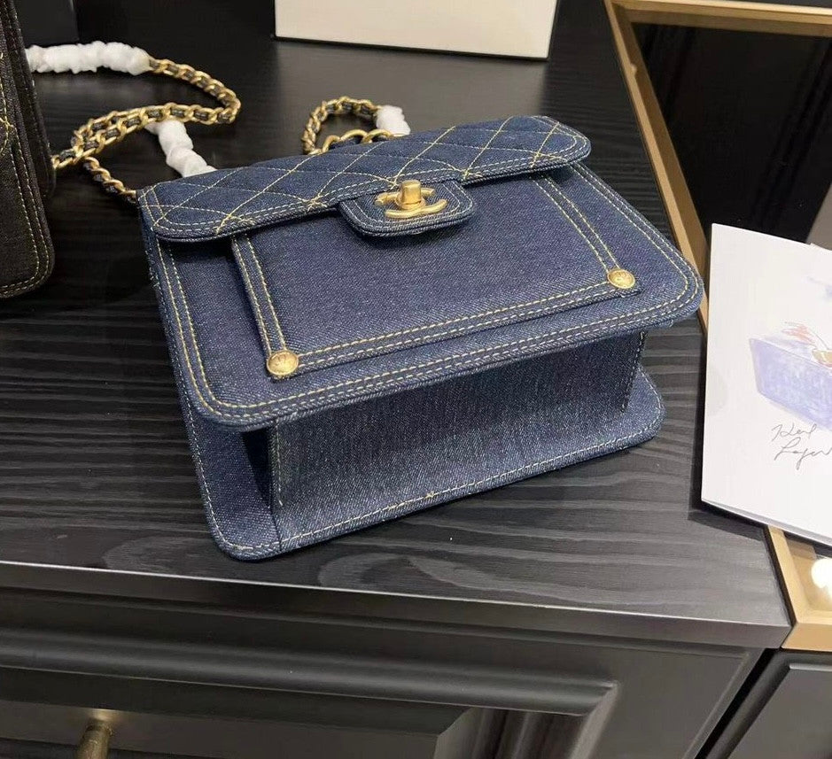 Chanel Quilted Denim Bag Aged Gold Hardware