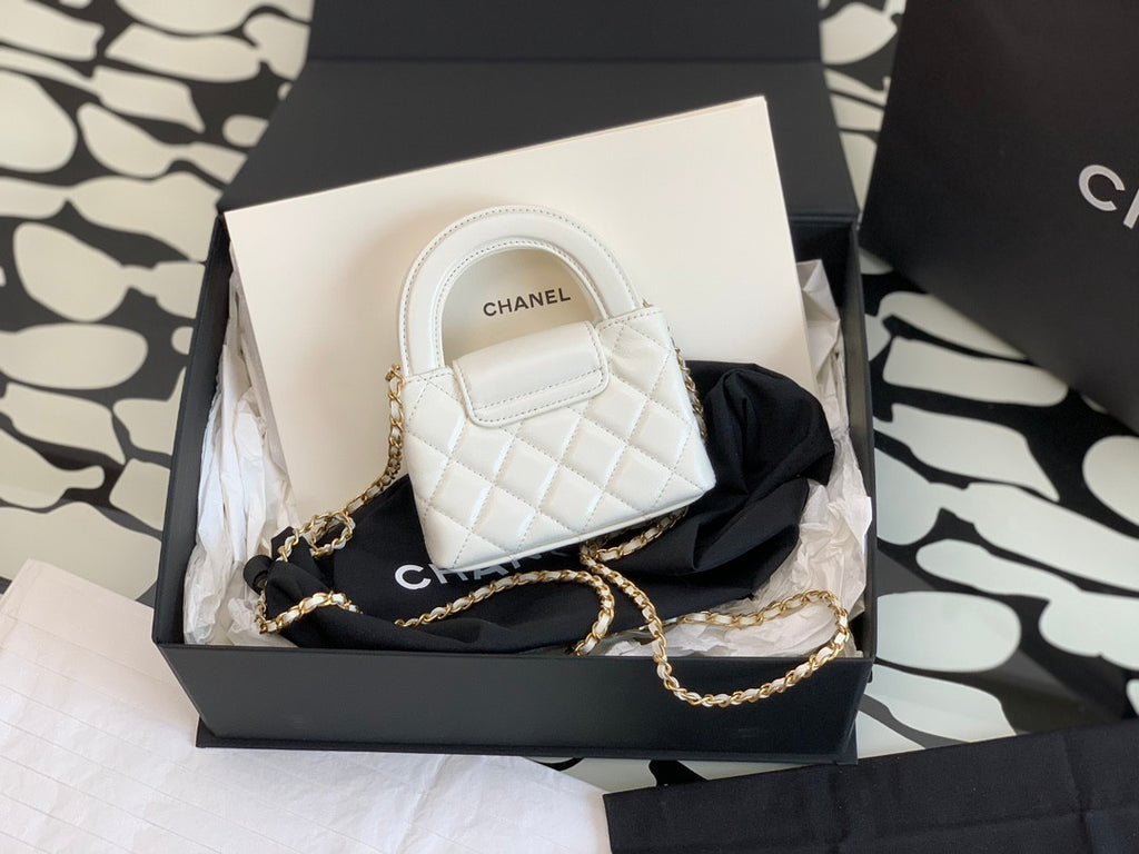 Chanel Small Kelly Shopper White Shiny Aged Calfskin Brushed Gold Hardware