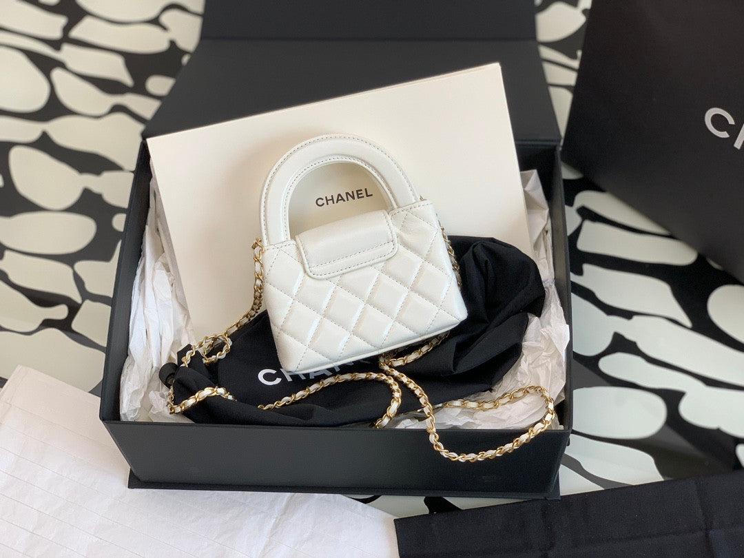 Chanel Small Kelly Shopper White Shiny Aged Calfskin Brushed Gold Hardware
